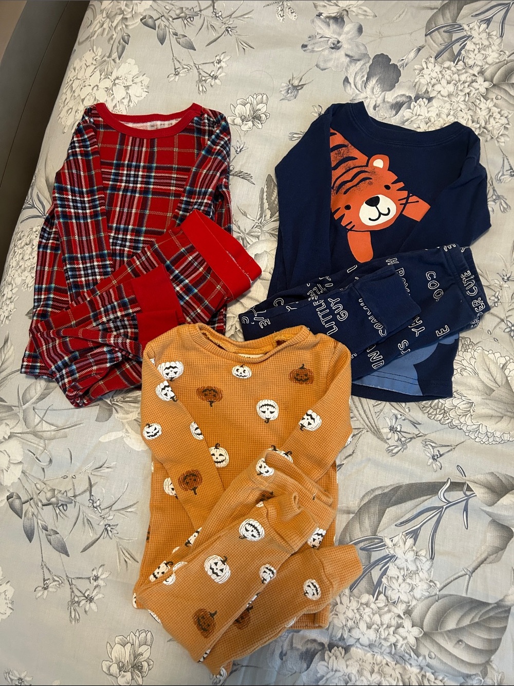 Kids 3-Pack Pajama Set - Navy Tiger, Red Plaid & Mustard Pumpkin